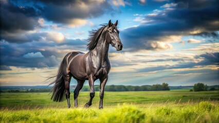 Fototapeta premium Majestic Black Horse in Open Field