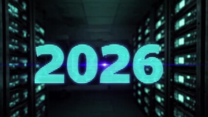 Blue neon 2026 numbers on a blurred data center server background. Computer technology and internet communication digital futuristic concept. Happy New Year 2026 concept,4K - Powered by Adobe