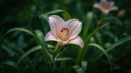 Blooming pink lily in the backyard