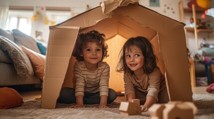 Two smiling children inside handmade cardboard playhouse, surrounded by toys and warm lighting, embodying creativity and imaginative play