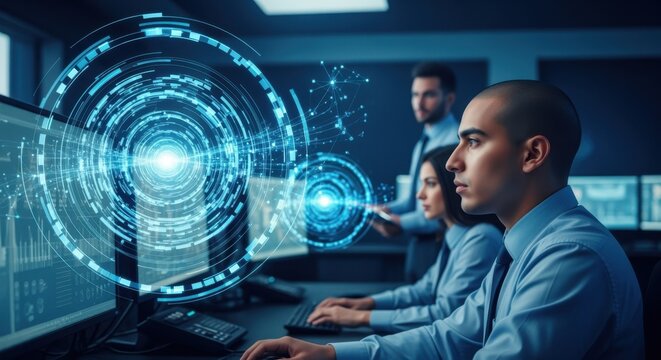 Futuristic network operations center with holographic data streams - Powered by Adobe