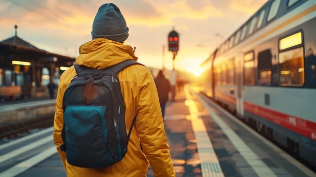 A young adult wearing a yellow jacket and a beanie stands at a train station, gazing at a sunset while waiting for a train. - Powered by Adobe