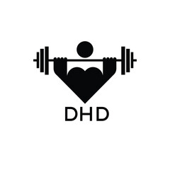 07Minimalist DHD Logo with Dumbbell and Strong Arm Silhouette - Fitness Icon Design. DHD Letter Logo.
