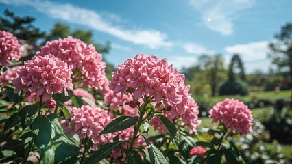 Obraz premium Cheerful pink peach flowers flourishing in the sunshine beneath a clear blue sky