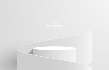 Empty white room rendered 3d cylinder podium. 3d product display stand surrounded geometric shape vector rendering. stage for show product. Minimal wall scene for mockup. Promotion pedestal stage.