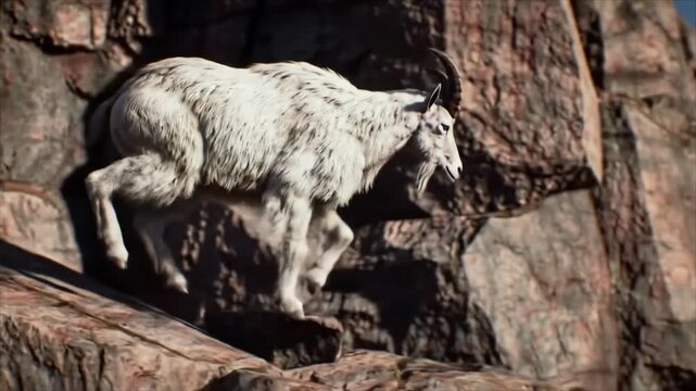 A powerful white mountain goat carefully climbs a steep, sunlit rocky cliff face.