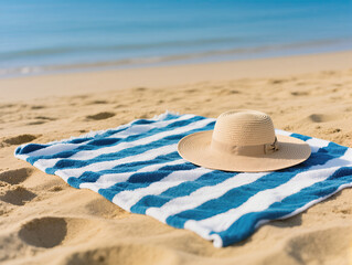 A straw hat lies on a blue and white striped beach towel near a sandy beach with a calm ocean in the background.