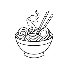 line art of Japanese noodles in bowl with steam
