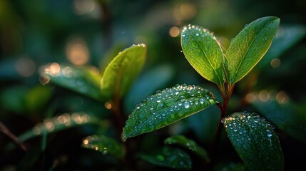 Tender blueberry leaves glistening with dew, captured in serene morning atmosphere