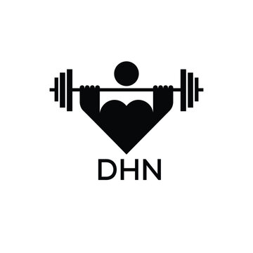 07Minimalist DHN Logo with Dumbbell and Strong Arm Silhouette - Fitness Icon Design. DHN Letter Logo.
