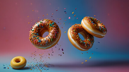 Flying Donuts with Colorful Sprinkles on Gradient Background