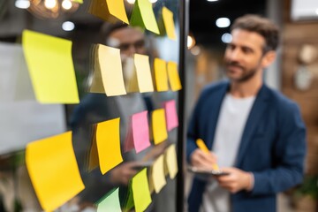 Memo notes in the office, work organization and brainstorming in the corporation