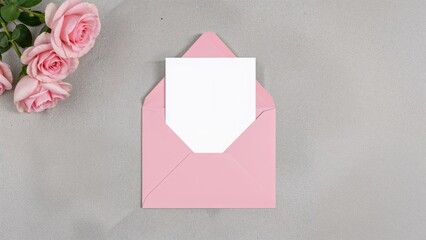 Greeting card mockup featuring a white card in a pink envelope on a grey concrete setting.