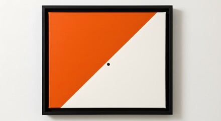 Framed abstract painting with orange and white diagonal split and a small black dot near center