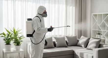 Photo of a worker in a protective suit is spraying disinfectant in a home setting