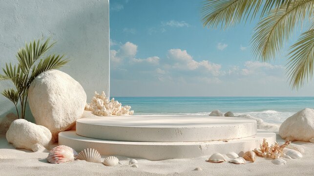 Summer seaside podium display with seashells and tropical plants presents a platform for cosmetics and products in a minimalist beach setting