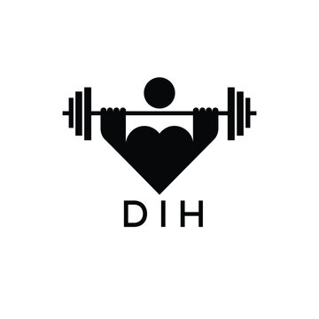 07Minimalist DIH Logo with Dumbbell and Strong Arm Silhouette - Fitness Icon Design. DIH Letter Logo.
