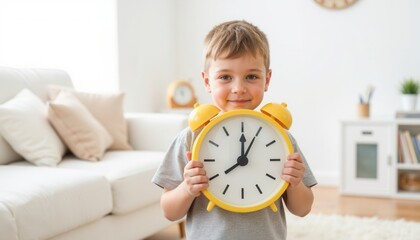 Young boy smiling and holding a large yellow clock indoors  