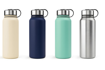 Collection of Colorful Insulated Water Bottles for Hydration, Fitness, and Eco-Friendly Lifestyle Concepts