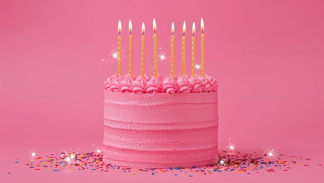 Pink cake adorned with golden birthday candles and sparklers on a plain pink surface