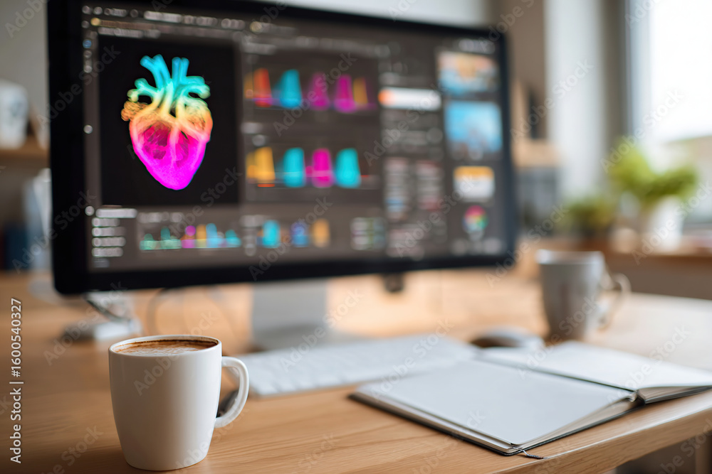 Fototapete Colorful digital heart model displayed on a computer screen in a modern workspace