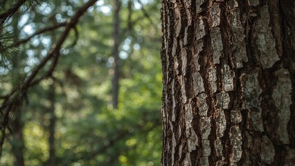 Obraz premium Close up of pine tree bark texture with blurred green foliage background highlighting natural elements and forest ambiance.
