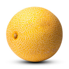 Photo of whole round yellow ripe tasty natural organic melon isolated on white background