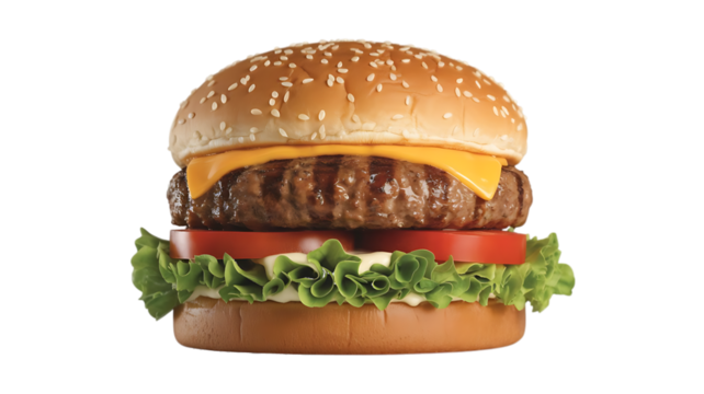 Cheeseburger with sesame seed bun tomato lettuce and cheese isolated on a transparent background