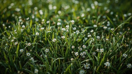 Vibrant green turf dotted with delicate white flowers