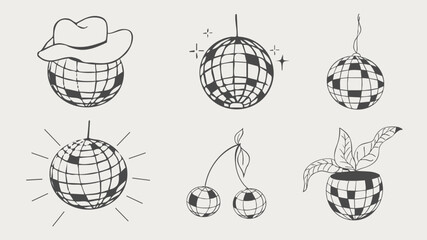 Obraz premium Disco ball y2k bachelorette party tattoo sketch. Disco ball with hat, vinyl, cherry disco set. Doodle shiny nightlife music illustration. Groovy 2000 party