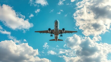 A commercial airliner seen flying through a cloudy blue sky