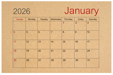Brown paper calendar for January 2026 isolated on white background, Save clipping path.