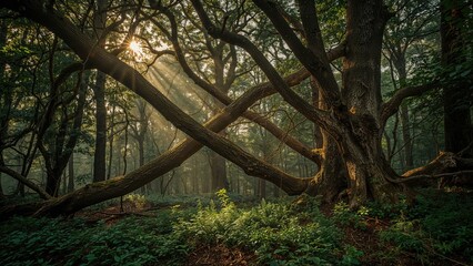 Dark woodland featuring towering trees and a collapsed tree above
