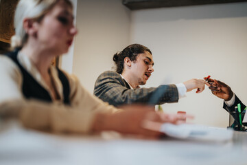 Coworkers engaged in a collaborative discussion, fostering teamwork and idea-sharing while...