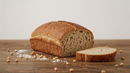 Freshly prepared whole grain bread loaf and slices on rustic wooden table