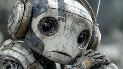 Fototapeta premium Close-up of a cute orange and white Astromech Droid head with a light blue background