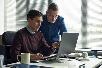 Caucasian young men collaborating at desk, one sitting and pointing at laptop screen while other...