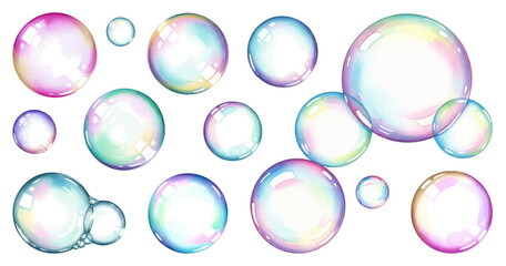 Rainbow floating soap bubble illustration vector collection. Delicate and bright design element. Summer kids joy concept. Have fun with soap bubbles.