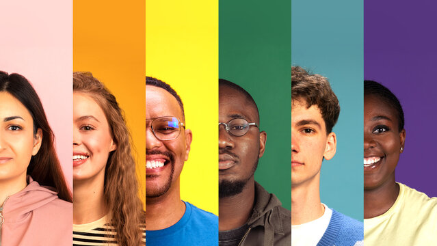 Horizontal layout of smiling and serious people on solid backgrounds in color-coded segments. Concept of youth branding, educational sites, onboarding visuals, diversity awareness ads. - Powered by Adobe
