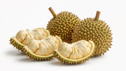 Obraz premium Chunks of freshly harvested durian on a plain white surface