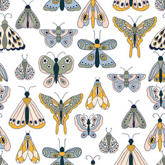 A whimsical array of moths and butterflies, each uniquely illustrated with intricate wing patterns and delicate line work. The moths and butterflies vary in shape and design.