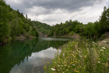 A small lake surrounded by mountains covered with spruce trees.