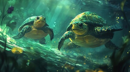 Fototapeta premium Two adorable turtles in a lush, vibrant underwater forest