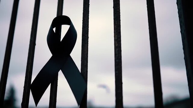Black Ribbon Tied to Metal Bars Against Overcast Sky
