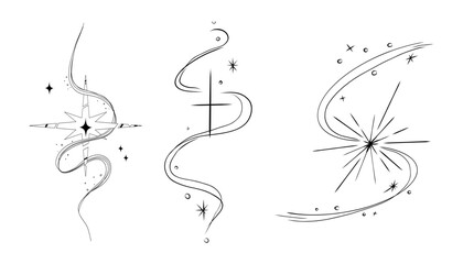 Abstract y2k line star, tattoo aesthetic doodle or sketch. Sparkle swirl silhouette line light, move, trail. Retro space orbit geometric  © Alyona