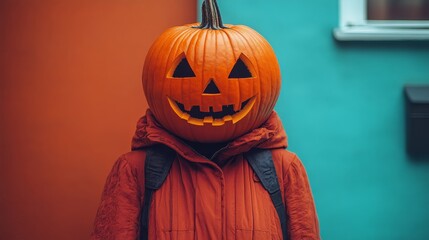 A whimsical character dons a carved pumpkin head, celebrating Halloween amidst a backdrop of colorful urban walls