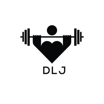 Minimalist DLJ Logo with Dumbbell and Strong Arm Silhouette - Fitness Icon Design. DLJ Letter Logo.
