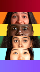 Diverse faces with shocked expressions in horizontal rainbow stripes. Concept of inclusive...