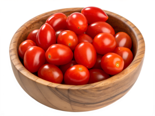 cherry tomatoes in wooden bowl isolated on white
