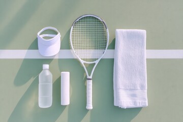 Flat lay display of tennis equipment including a racket, visor, towel, and water bottle on a green court. The arrangement emphasizes a minimalist and airy aesthetic